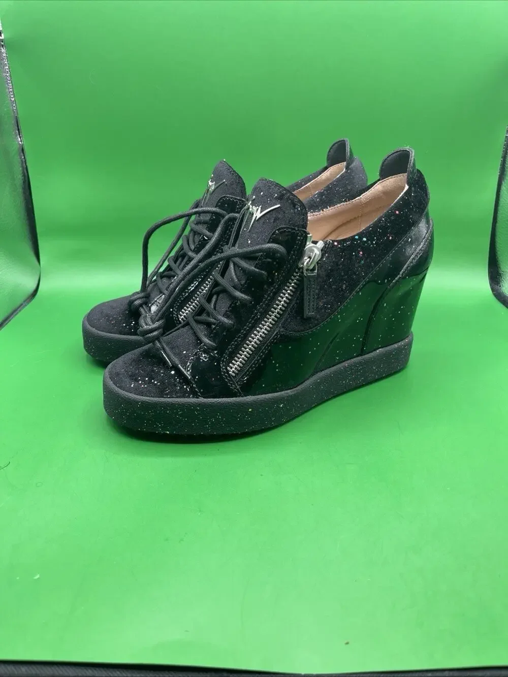 Designer Giuseppe Zanotti Kriss Wedge Sz 41 Black Patent Leather Velvet Glitter